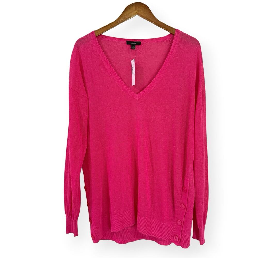 NWT J. Crew V-Neck Sweater Side Buttons Linen Blend Large Pink Lightweight Beach